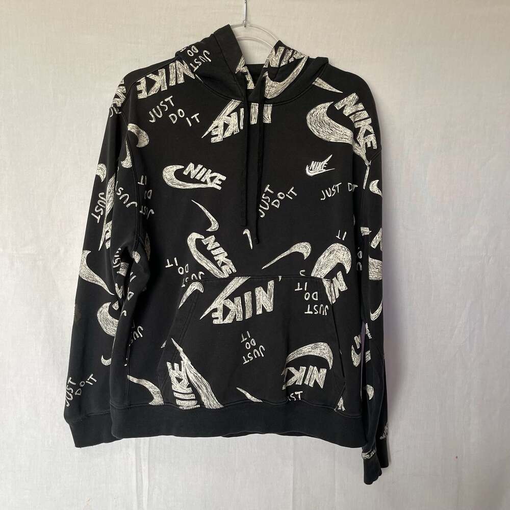 Nike Sportswear All Over Print Pullover Hoodie Sweatshirt Black Size Large - Picture 1 of 5